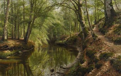 art oil painting reproduction of  Monsted Peder A Brook Flowing Through A Spring Wood 1918 museum quality handmade