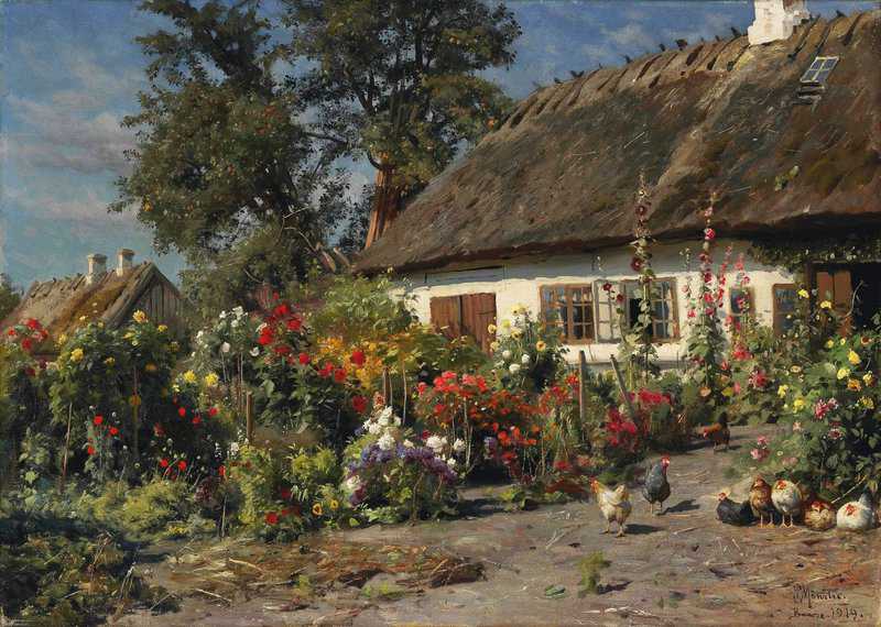 Monsted Peder A Cottage Garden With Chickens 1919 museum quality