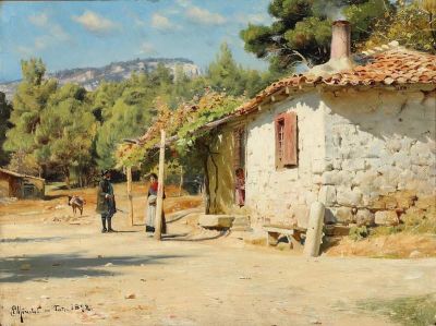 art oil painting reproduction of  Monsted Peder A Cottage Outside Tatoi In Greece 1892 museum quality handmade