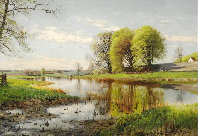 Monsted Peder A Danish Spring Landscape With New-leaved Beech Trees 1901 museum quality