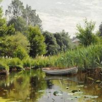 Monsted Peder A Forest Lake With A Rowboat In The Background A House 1903