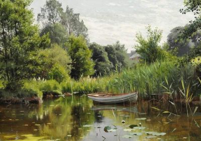 art oil painting reproduction of  Monsted Peder A Forest Lake With A Rowboat In The Background A House 1903 museum quality handmade