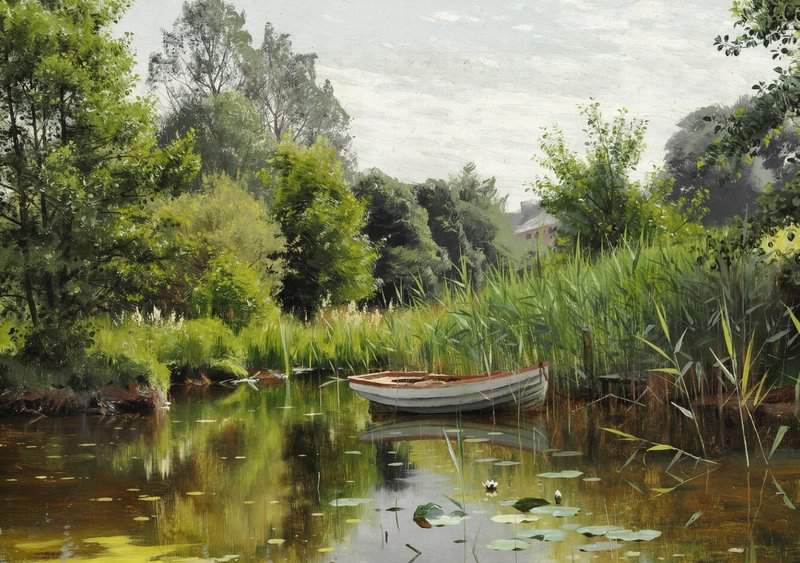 Monsted Peder A Forest Lake With A Rowboat In The Background A House 1903 museum quality