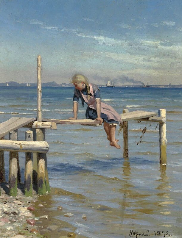 Monsted Peder A Girl On A Small Jetty Near Helleb K. In The Background Sweden 1892 museum quality