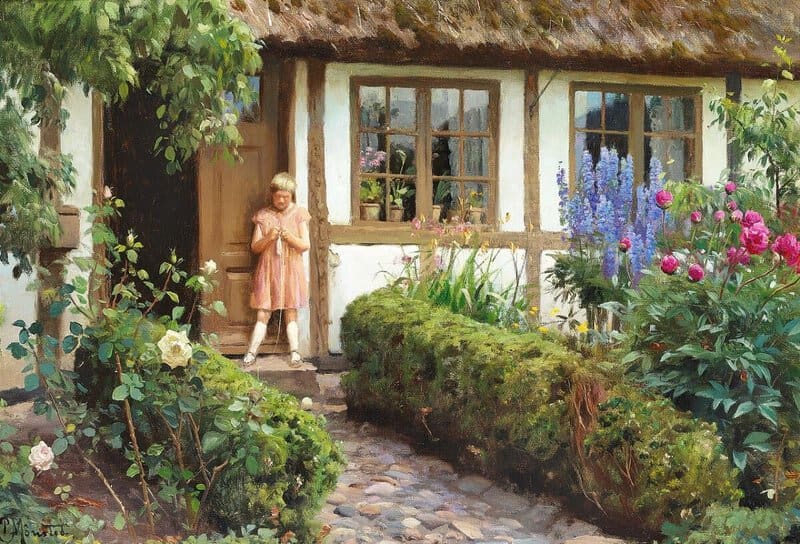 Monsted Peder A Little Girl In A Pink Dress On A Stepping Stone By A Farmhouse museum quality