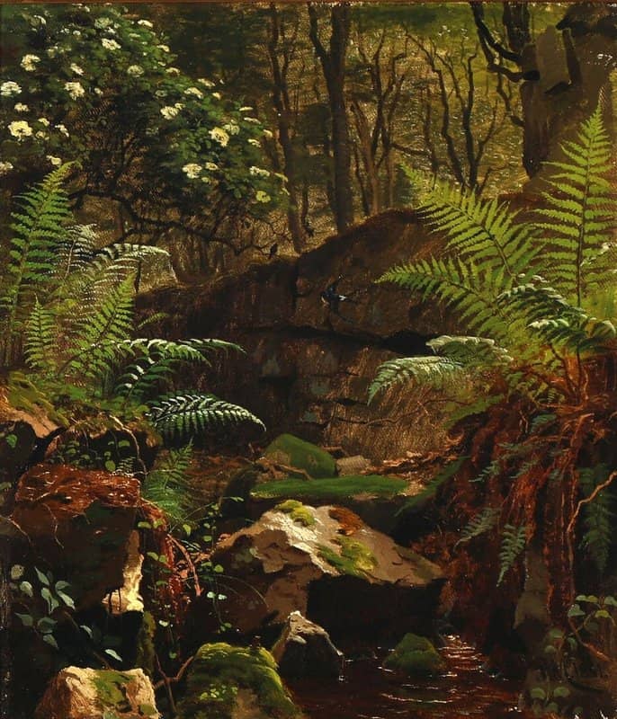 Monsted Peder A Lush Forest Floor With A Spring 1881 museum quality