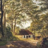Monsted Peder A Man With His Cows On A Dirt Road With Sunlight Over The Trees