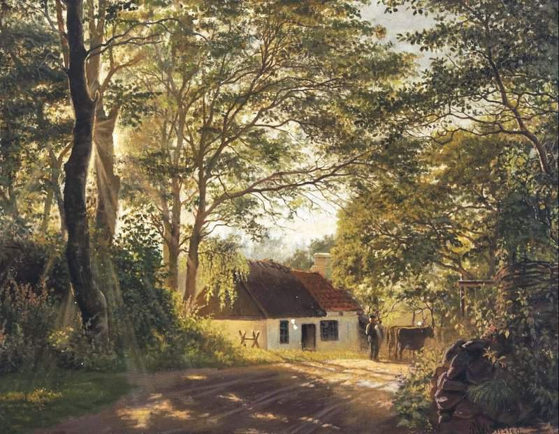 Monsted Peder A Man With His Cows On A Dirt Road With Sunlight Over The Trees museum quality