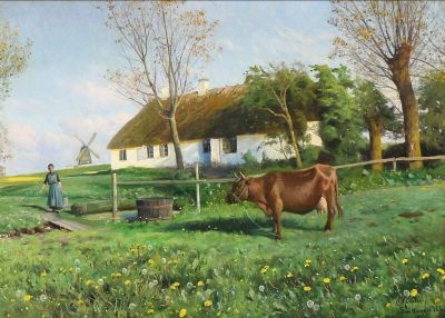 art oil painting reproduction of  Monsted Peder A Milkmaid On Her Way To Milk The Cow 1925 museum quality handmade
