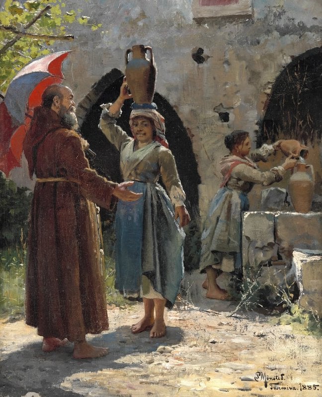 Monsted Peder A Monk Greeting A Girl With A Jar Of Water Taormina 1885 museum quality