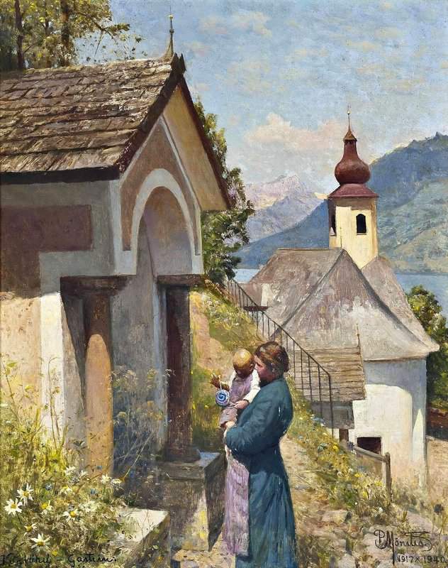 Monsted Peder A Mother And Child By A Chapel Kitzbuhel 1917 museum quality