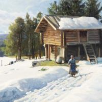 Monsted Peder A Norwegian Wintry Landscape With A Woman Near A Log Cabin 1934