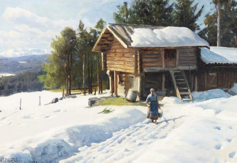 Monsted Peder A Norwegian Wintry Landscape With A Woman Near A Log Cabin 1934 museum quality