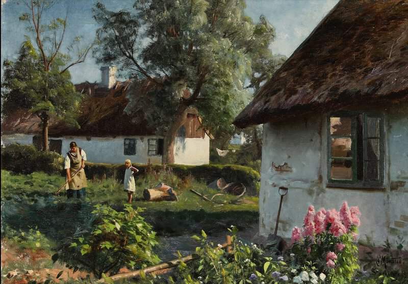 Monsted Peder A Peasant Woman And A Little Girl Working In The Garden 1923 museum quality