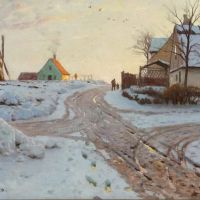 Monsted Peder A Snowcovered Landscape With A Mill Near The Village Kirke V Rlose 1918