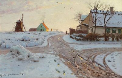 art oil painting reproduction of  Monsted Peder A Snowcovered Landscape With A Mill Near The Village Kirke V Rlose 1918 museum quality handmade