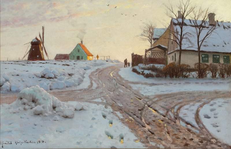 Monsted Peder A Snowcovered Landscape With A Mill Near The Village Kirke V Rlose 1918 museum quality