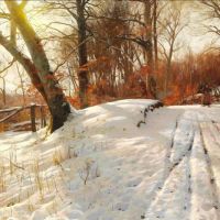 Monsted Peder A Snowy Forest Road With A Woman Collecting Firewood 1917