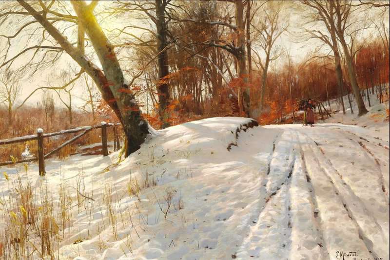 Monsted Peder A Snowy Forest Road With A Woman Collecting Firewood 1917 museum quality