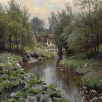 Monsted Peder A Spring Day By A Stream. In The Foreground Dock Leaves And Ducks With Ducklings. In The Background A Watermill 1911