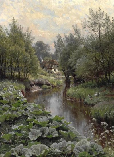 art oil painting reproduction of  Monsted Peder A Spring Day By A Stream. In The Foreground Dock Leaves And Ducks With Ducklings. In The Background A Watermill 1911 museum quality handmade