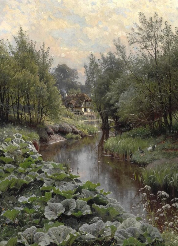 Monsted Peder A Spring Day By A Stream. In The Foreground Dock Leaves And Ducks With Ducklings. In The Background A Watermill 1911 museum quality