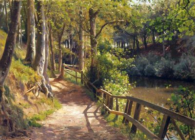 art oil painting reproduction of  Monsted Peder A Spring Day In S By Forest A Glimmer Of Sunlight Through Trees museum quality handmade