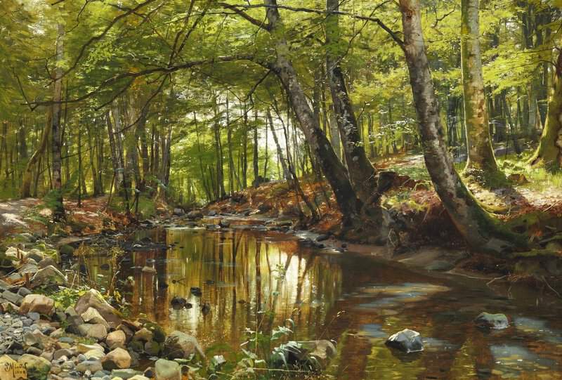Monsted Peder A Spring Day In The Forest At A Brook 1888 museum quality