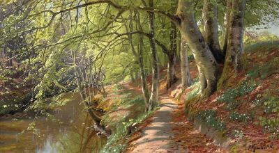 art oil painting reproduction of  Monsted Peder A Spring Day In The Forest With A Path Winding Its Way Along A Stream 1895 museum quality handmade