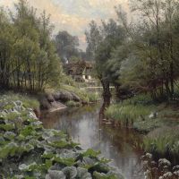 Monsted Peder A Spring Day In The Woods By A Stream. In The Foreground Dock Leaves And Ducks With Ducklings. In The Background A Watermill 1911