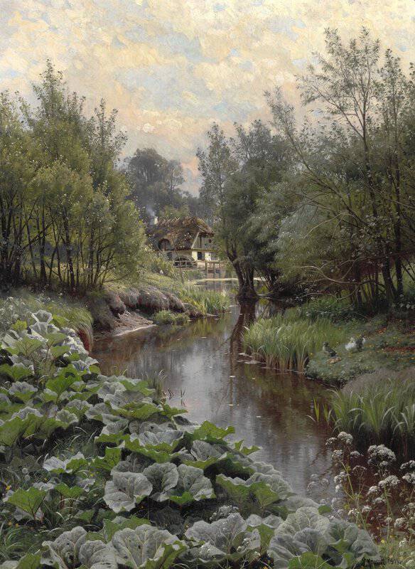 Monsted Peder A Spring Day In The Woods By A Stream. In The Foreground Dock Leaves And Ducks With Ducklings. In The Background A Watermill 1911 museum quality
