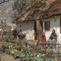 Monsted Peder A Spring Day Outside A Thatched Farmhouse With An Elderly Woman Knitting And Her Grandchildren By Her Side. The Garden Is In Bloom With An Abundance Of Colourful Tulips 1915