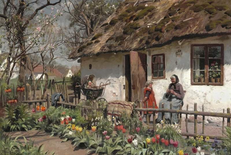 Monsted Peder A Spring Day Outside A Thatched Farmhouse With An Elderly Woman Knitting And Her Grandchildren By Her Side. The Garden Is In Bloom With An Abundance Of Colourful Tulips 1915 museum quality