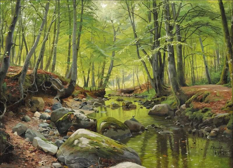 Monsted Peder A Stream Running Through A Beech Forest On A Spring Day 1890 museum quality