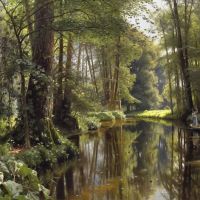 Monsted Peder A Stream Through The Forest. A Woman Is Poling A Boat 1911