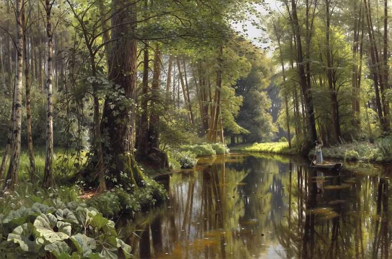 Monsted Peder A Stream Through The Forest. A Woman Is Poling A Boat 1911 museum quality
