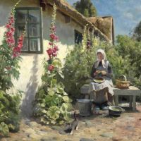Monsted Peder A Summer Day In Front Of A Thatched Old Farmhouse With Hollyhocks And An Elderly Woman Peeling Peas 1931
