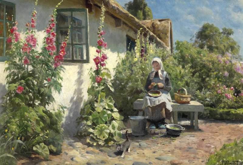 Monsted Peder A Summer Day In Front Of A Thatched Old Farmhouse With Hollyhocks And An Elderly Woman Peeling Peas 1931 museum quality