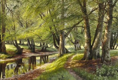 art oil painting reproduction of  Monsted Peder A Summer Day In The Forest With Deer In The Background 1908 museum quality handmade