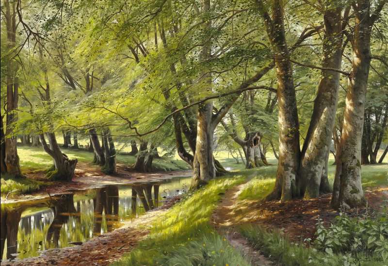 Monsted Peder A Summer Day In The Forest With Deer In The Background 1908 museum quality