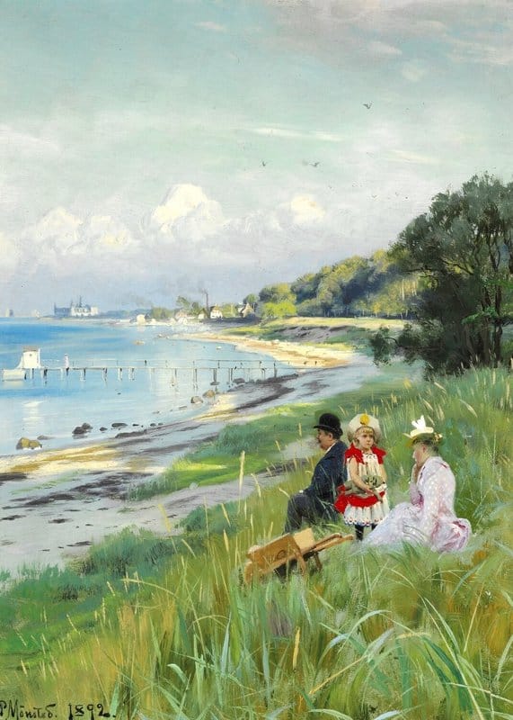 Monsted Peder A Summer Day On The Beach At Helleb K. In The Background Kronborg 1892 museum quality