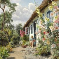 Monsted Peder A Summer Day With Hollyhocks In Front Of The Farm House 1935