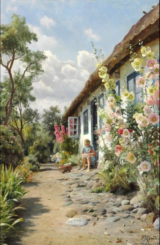 Monsted Peder A Summer Day With Hollyhocks In Front Of The Farm House 1935 museum quality