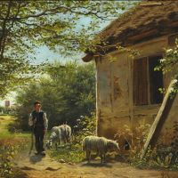 Monsted Peder A Thatched Cottage With A Boy And Two Sheep In Front 1877