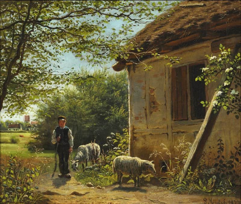 Monsted Peder A Thatched Cottage With A Boy And Two Sheep In Front 1877 museum quality