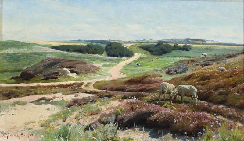 Monsted Peder A View Of Grazing Sheep On The Heath Near S By With Gjeddebjerget In The Distance 1922 museum quality