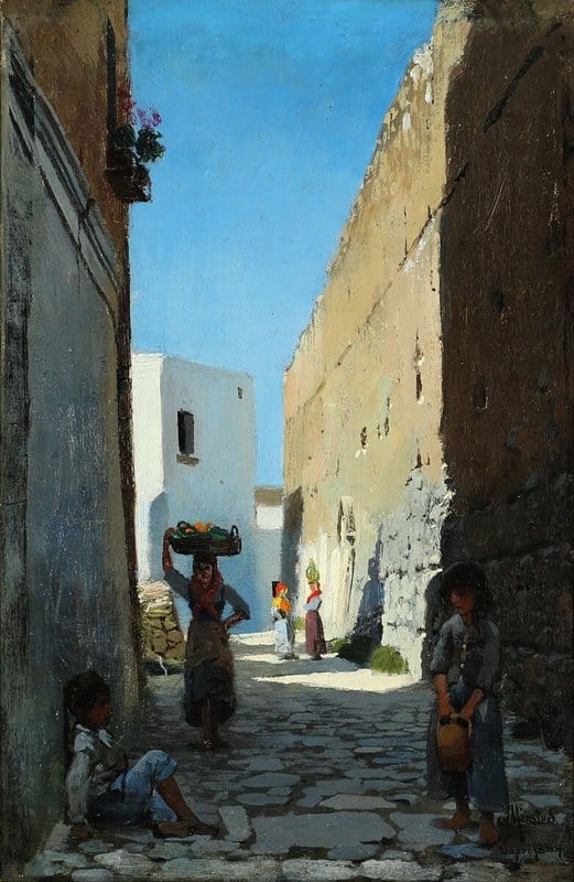 Monsted Peder A View Up A Narrow Street On Capri Shaded From A Hot Sun 1884 museum quality