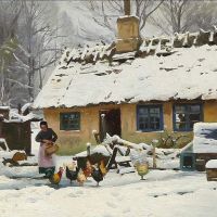 Monsted Peder A Winter Day In Brondbyvester. A Woman Feeding The Hens 1923