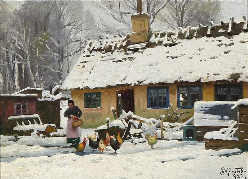 Monsted Peder A Winter Day In Brondbyvester. A Woman Feeding The Hens 1923 museum quality