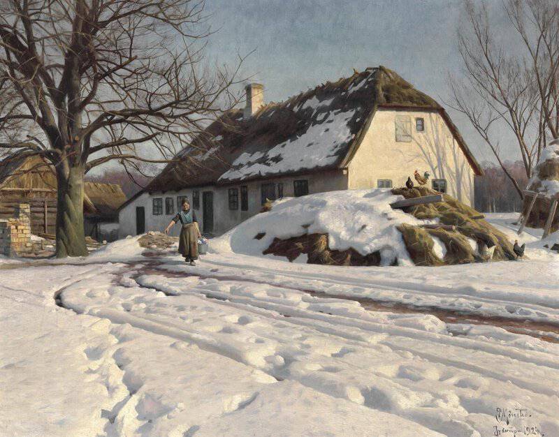 Monsted Peder A Winter Day Outside An Old Farmhouse In Jyderup 1924 museum quality